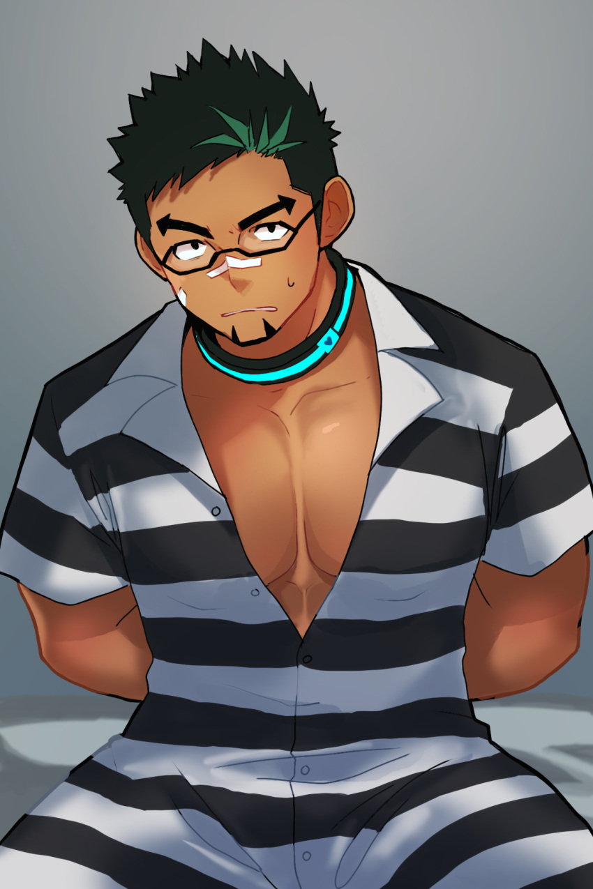 1boy alternate_costume arms_behind_back bandaid bandaid_on_face bandaid_on_nose bara black_hair blush dark-skinned_male dark_skin facial_hair glasses goatee gorioxxxx green_hair highres kyoichi_(live_a_hero) live_a_hero looking_at_another male_focus multicolored_hair pectoral_cleavage pectorals prison_clothes prisoner sanpaku short_hair sitting solo streaked_hair sweatdrop vertical-striped_bodysuit