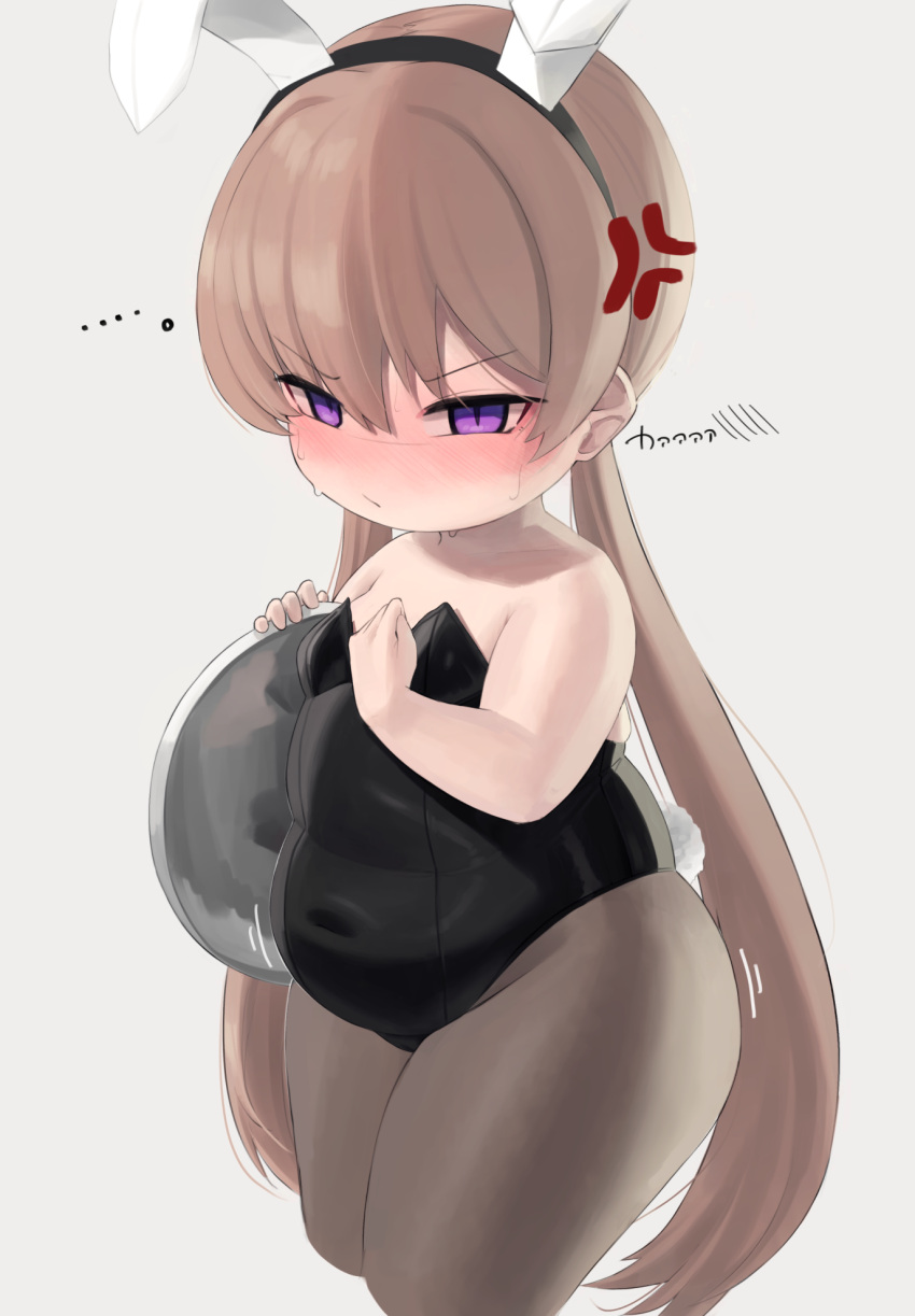 ... alternate_body_size anger_vein animal_ears black_leotard blush breasts clenched_hand closed_mouth covered_navel fake_animal_ears female hair_between_eyes highres leotard light_brown_hair long_hair looking_at_viewer low_twintails oruka_(kamituki0827) pantyhose playboy_bunny plump purple_eyes rabbit_tail simple_background slit_pupils small_breasts solo strapless strapless_leotard sweat tail thick_arms thick_thighs thighs tsukuyomi_ai twintails v-shaped_eyebrows voiceroid