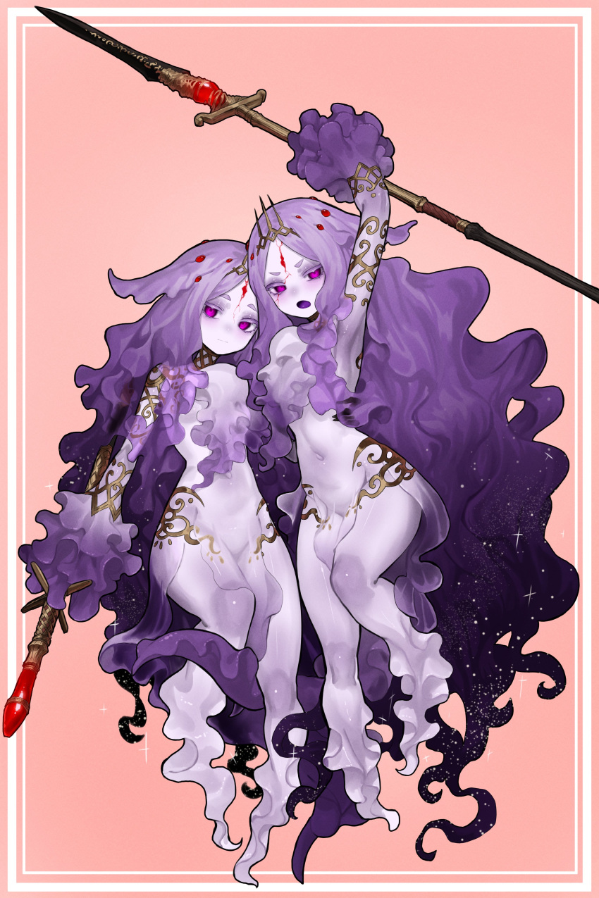 2girls absurdly_long_hair absurdres armpits character_request colored_skin crotch crown dress extra_eyes gown groin highres long_hair monster_girl multiple_girls navel open_mouth orange_background original pale_skin polearm purple_eyes purple_hair purple_skin see-through see-through_dress siblings spear staff twins very_long_hair weapon