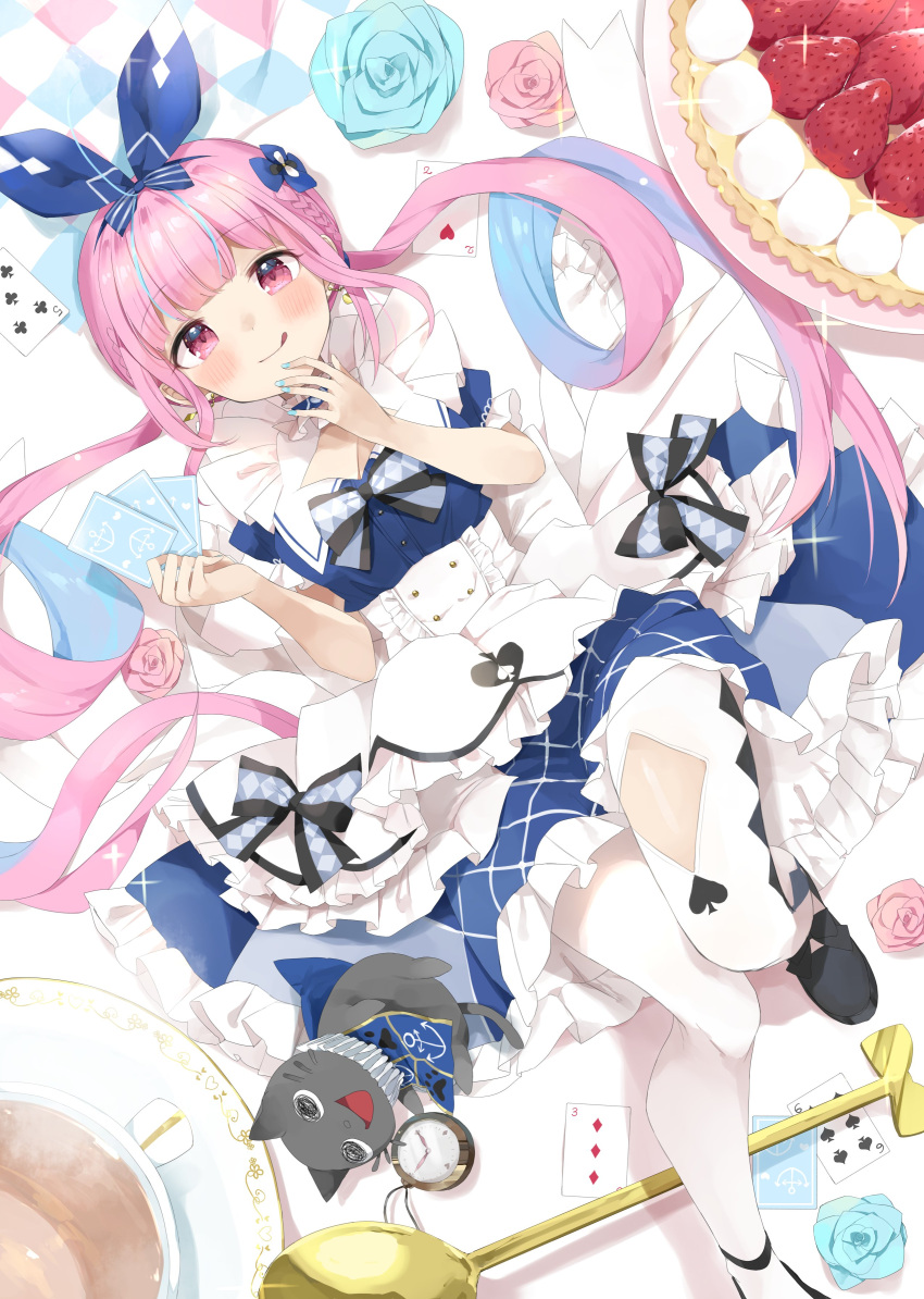 absurdres blue_dress blue_hair blue_ribbon cake card dress female five_of_clubs five_of_spades food full_body gradient_hair hair_ribbon highres hololive looking_at_viewer low_twintails minato_aqua minato_aqua_(aqua_iro_in_wonder_land) multicolored_hair pink_hair playing_card ribbon solo strawberry_shortcake tatsuyoshi_(zawahomura) three_of_diamonds twintails two-tone_hair two_of_hearts virtual_youtuber