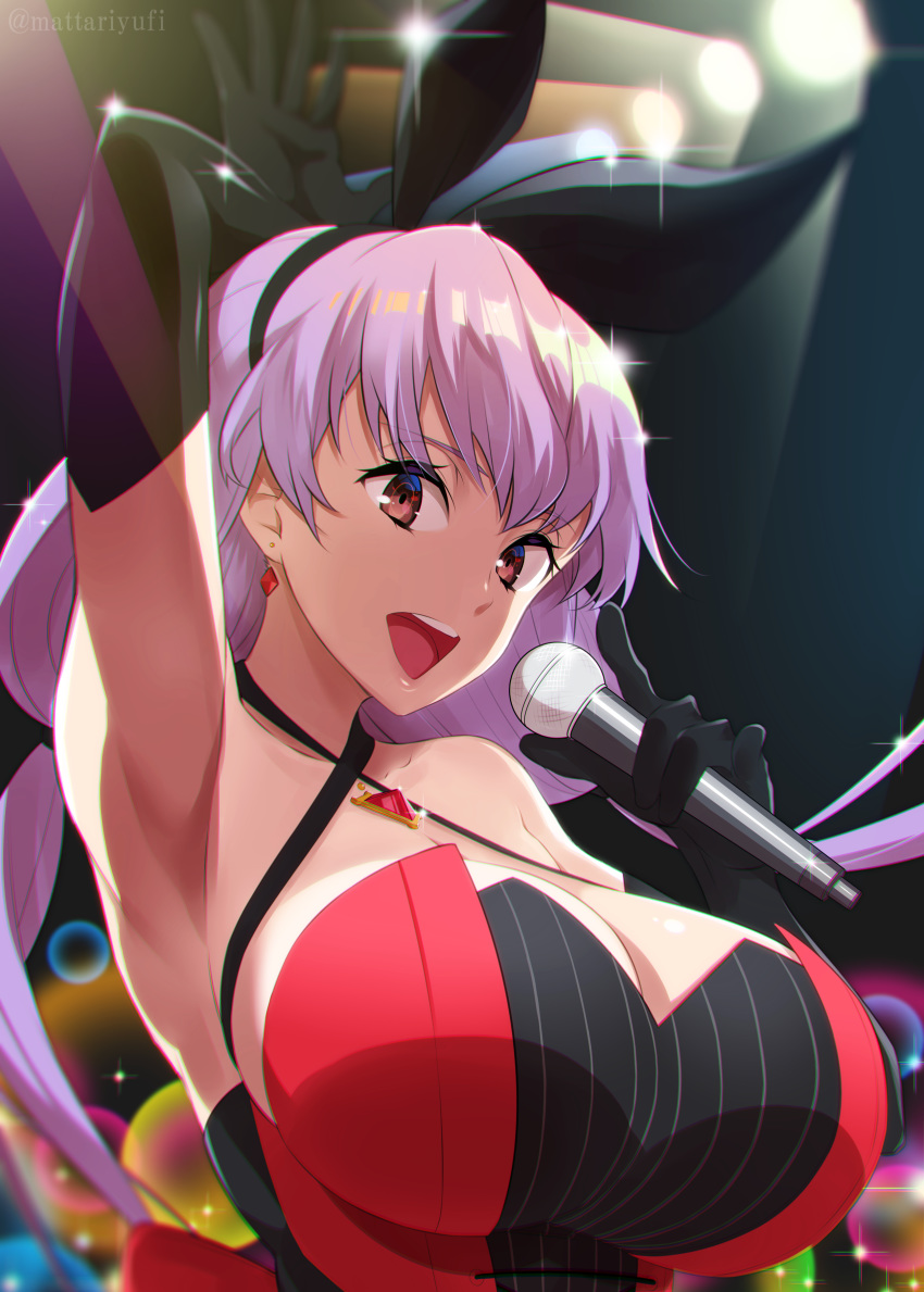 absurdres arm_up armpits black_gloves blush breasts commentary_request criss-cross_halter earrings elbow_gloves female gloves hair_ribbon halterneck highres huge_breasts jewelry kyokou_suiri light_purple_hair long_hair looking_at_viewer low_twintails mattari_yufi microphone nanase_karin_(kyokou_suiri) open_mouth red_eyes ribbon smile solo twintails twitter_username