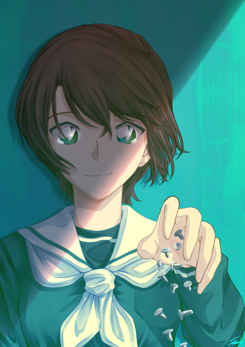 brown_hair closed_mouth commentary_request dropping female green_background green_eyes green_shirt hair_between_eyes hand_up highres koshimizu_natsuki long_sleeves looking_at_viewer meitantei_conan neckerchief sailor_collar school_uniform screw serafuku shadow shirt short_hair signature simple_background smile solo sooma4869 tearing_up upper_body white_neckerchief white_sailor_collar