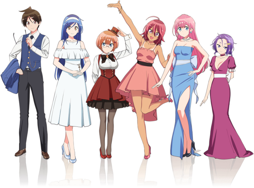 bokutachi_wa_benkyou_ga_dekinai cleavage dress furuhashi_fumino heels kirisu_mafuyu kominami_asumi megane ogata_rizu pantyhose tagme takemoto_uruka tan_lines transparent_png yuiga_nariyuki