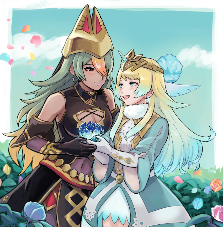 2girls bare_shoulders blonde_hair blue_eyes blue_hair breasts cleavage covered_navel dark-skinned_female dark_skin dress earrings fire_emblem fire_emblem_heroes fjorm_(fire_emblem) fjorm_(ice_ascendant)_(fire_emblem) flower green_hair hair_between_eyes hair_ornament highres holding holding_flower jewelry laegjarn_(fire_emblem) laegjarn_(flame_ascendant)_(fire_emblem) long_hair looking_at_another multicolored_hair multiple_girls official_alternate_costume official_alternate_hairstyle open_mouth orange_hair penguinbu red_eyes sky two-tone_hair yuri