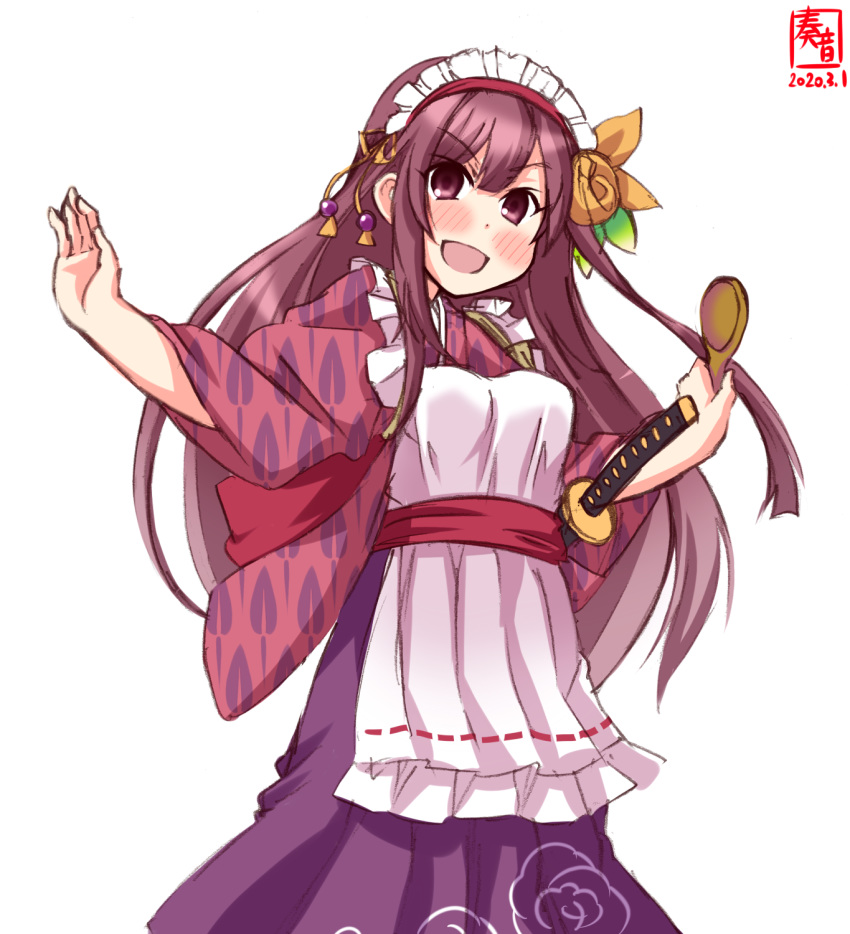 apron artist_logo azuki_(flower_knight_girl) azuki_(flower_knight_girl)_(cosplay) commentary_request cosplay dated female flower flower_knight_girl frilled_apron frills gradient_hair hair_flower hair_ornament hakama hakama_skirt highres japanese_clothes kamikaze_(kancolle) kanon_(kurogane_knights) kantai_collection katana kimono leaf_print long_hair looking_at_viewer maid_headdress multicolored_hair print_kimono purple_eyes purple_hair purple_hakama simple_background skirt smile solo spoon sword trait_connection weapon white_apron white_background wooden_spoon