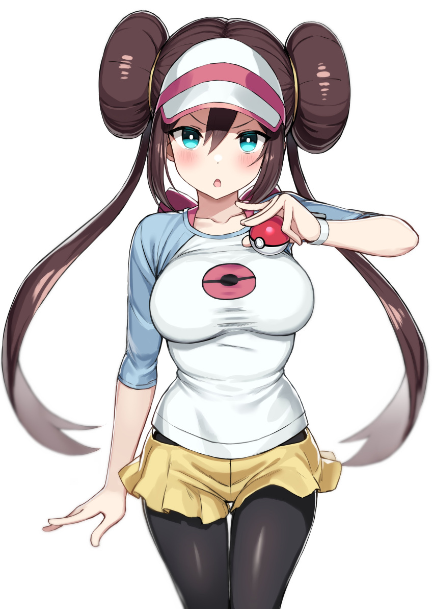 absurdres black_eyes black_pantyhose blush breasts collarbone cowboy_shot double_bun elbow_sleeve female greatmosu hair_bun highres holding holding_poke_ball large_breasts long_hair open_mouth pantyhose poke_ball pokemon pokemon_bw2 rosa_(pokemon) shirt simple_background skirt solo twintails v-shaped_eyebrows visor_cap white_background white_shirt wristband yellow_skirt