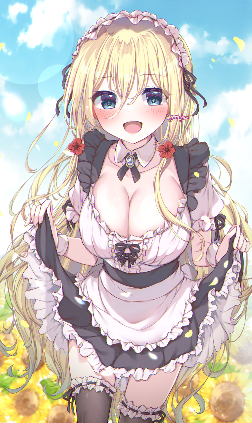 :d absurdres alice_(bishoujo_mangekyou) apron bishoujo_mangekyou:_kami_ga_tsukuritamouta_shoujo-tachi bishoujo_mangekyou_(series) black_ribbon black_skirt black_thighhighs blonde_hair blue_eyes blush breasts cleavage commentary cowboy_shot day detached_collar eyelashes female field flower flower_field frilled_apron frilled_skirt frilled_thighhighs frills gattengou hair_between_eyes hair_flower hair_ornament hair_ribbon happy highres large_breasts lens_flare long_hair looking_at_viewer maid maid_headdress open_mouth outdoors puffy_short_sleeves puffy_sleeves red_flower ribbon short_sleeves sidelocks skirt skirt_hold smile solo standing sunflower sunflower_field thighhighs very_long_hair waist_apron white_apron white_wrist_cuffs wrist_cuffs