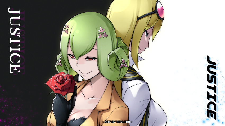 2girls black_shirt blonde_hair breasts brown_eyes cleavage collarbone curly_hair digimon digimon_story:_cyber_sleuth eyewear_on_head flower green_hair hair_ornament hairpin highres jacket keyliom kishibe_rie kuremi_kyouko large_breasts long_hair multiple_girls multiple_hairpins rose shirt simple_background sunglasses white_shirt yellow_jacket