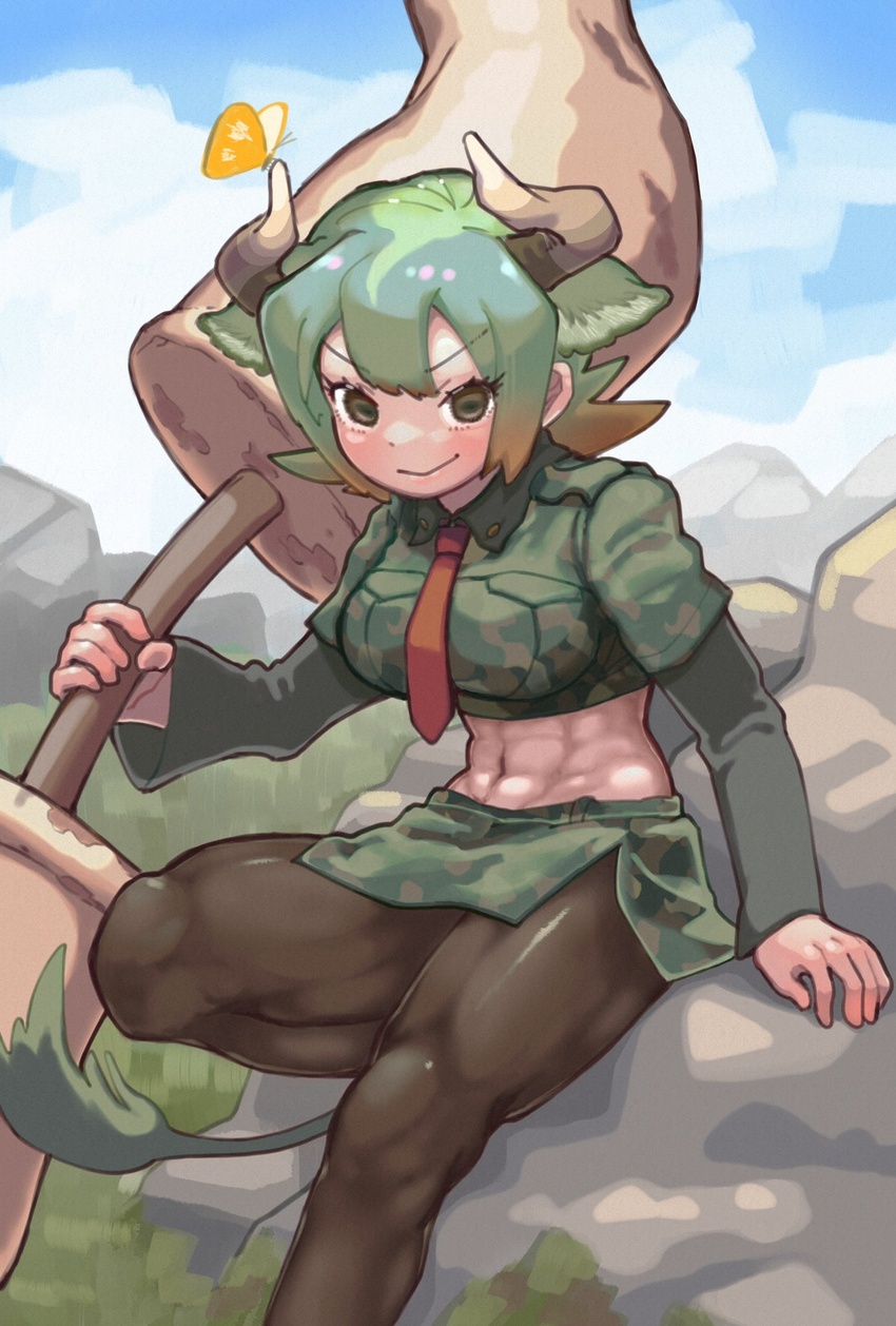 abs animal_ears aurochs_(kemono_friends) black_pantyhose blush bug butterfly camouflage camouflage_shirt camouflage_skirt collared_shirt cow_ears cow_girl cow_horns cow_tail crop_top female green_eyes green_hair green_shirt green_skirt green_sleeves hair_between_eyes highres horns kemono_friends long_sleeves looking_at_viewer midriff multicolored_hair navel necktie pantyhose red_necktie shimazoenohibi shirt short_sleeves sidelocks sitting skirt smile solo tail toned toned_female weapon