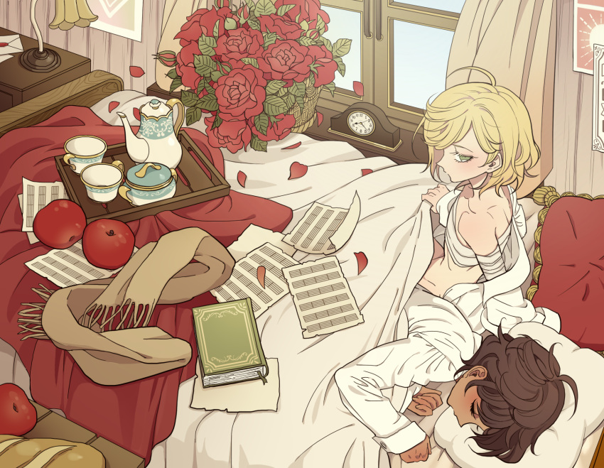 2boys alarm_clock androgynous apple bad_id bad_pixiv_id bandaged_arm bandaged_chest bandages blonde_hair book bouquet brown_hair clock closed_eyes collared_shirt cup curtains dark-skinned_male dark_skin desk_lamp envelope flower food fruit gilbert_cocteau green_eyes highres indoors kaze_to_ki_no_uta lamp long_sleeves looking_at_another male_focus meremero multiple_boys paper petals pillow red_apple red_flower red_rose rose rose_petals scarf serge_battour sheet_music shirt short_hair sitting sleeping table teacup teapot tray under_covers unworn_scarf white_shirt window yaoi