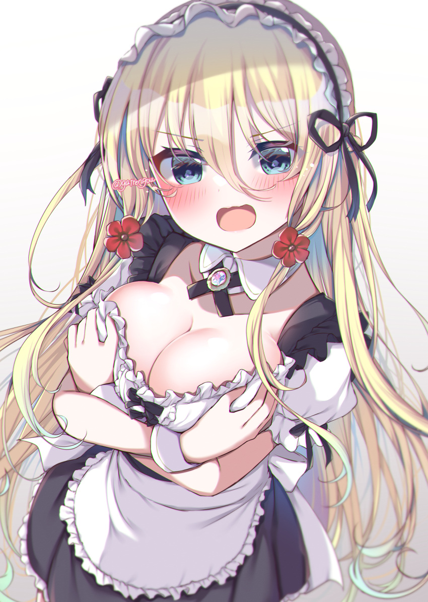 absurdres alice_(bishoujo_mangekyou) apron bishoujo_mangekyou:_kami_ga_tsukuritamouta_shoujo-tachi bishoujo_mangekyou_(series) black_ribbon black_skirt blonde_hair blue_eyes blush breast_hold breasts breasts_squeezed_together cleavage commentary cowboy_shot crossed_arms detached_collar female flower foreshortening frilled_apron frills from_above gattengou hair_between_eyes hair_flower hair_ornament hair_ribbon highres large_breasts long_hair looking_at_viewer maid maid_headdress neck_ribbon open_mouth puffy_short_sleeves puffy_sleeves red_flower ribbon short_sleeves sidelocks skirt solo twitter_username v-shaped_eyebrows very_long_hair waist_apron white_apron white_wrist_cuffs wrist_cuffs