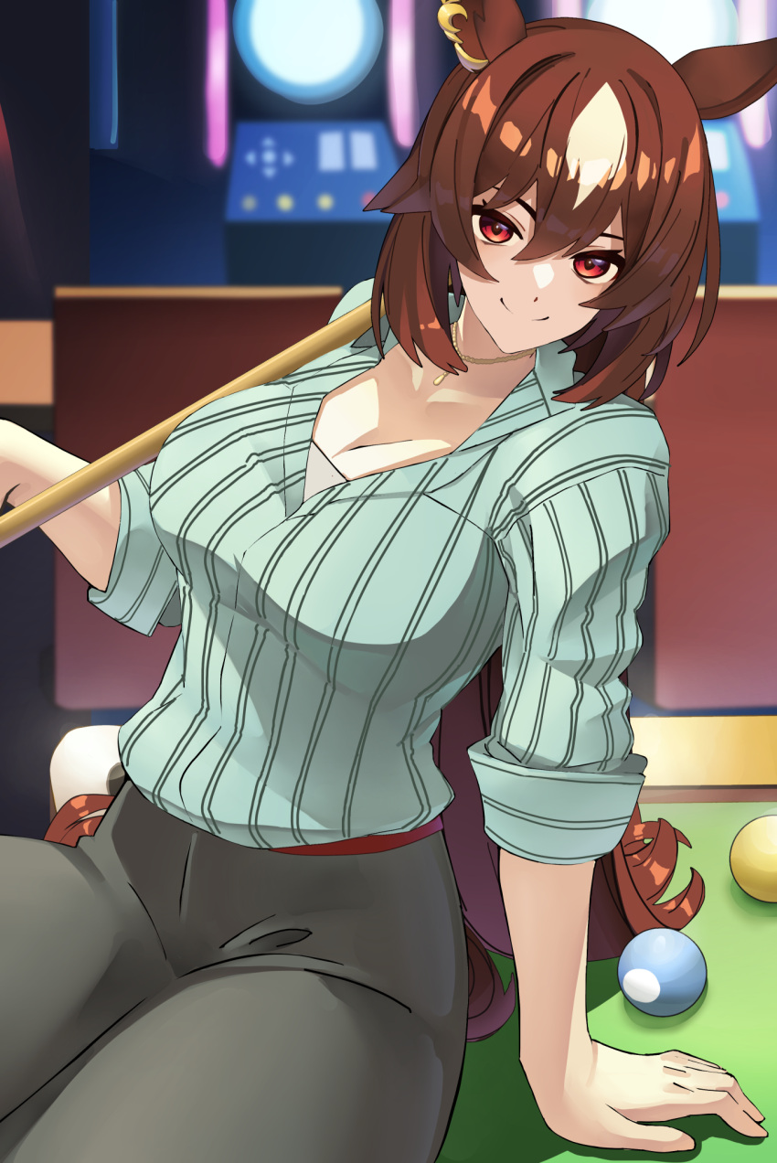 animal_ears arcade_cabinet ball bar_(place) billiard_ball billiards blue_hair breasts brown_hair closed_mouth collared_shirt commentary_request ear_ornament female grey_pants hair_between_eyes highres horse_ears horse_girl horse_tail indoors jewelry large_breasts light_blue_hair long_hair long_sleeves looking_at_viewer necklace official_alternate_costume on_table pants pool_table red_eyes reibun_(raven1119) shirt sirius_symboli_(umamusume) sleeves_rolled_up smile solo striped_clothes striped_shirt table tail umamusume very_long_hair