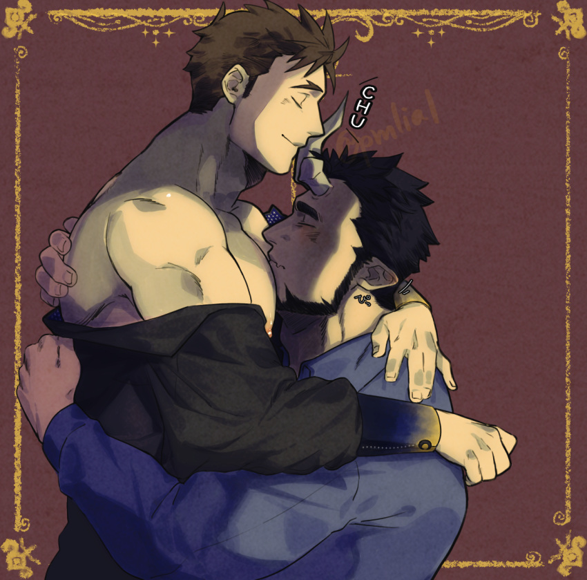 2boys bara bare_pectorals beard between_pectorals blush carrying carrying_person closed_eyes collared_shirt couple face_to_pecs facial_hair from_side full_beard gold_border head_between_pecs horn_kiss large_pectorals live_a_hero male_focus male_protagonist_(live_a_hero) mature_male multiple_boys muscular muscular_male nessen_(live_a_hero) nipples oerba_yun_fang off_shoulder pectorals pmlial profile shirt short_hair sideburns skin_fang smile sweatdrop thick_eyebrows upper_body yaoi