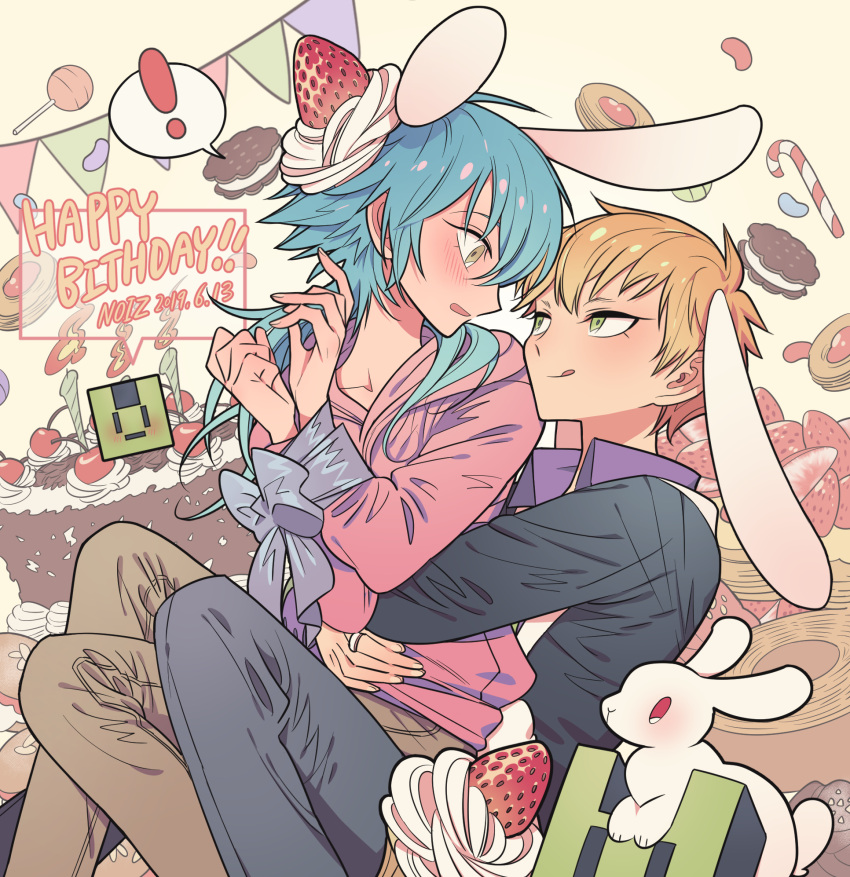 ! 2boys animal_ears bad_id bad_pixiv_id birthday_cake blonde_hair blue_hair blush bound bound_wrists brown_pants cake candle candy candy_cane cherry chocolate_cake cookie dramatical_murder fire food fruit hands_up happy_birthday highres hug hug_from_behind jelly_bean lollipop long_hair long_sleeves looking_at_another looking_back male_focus meremero multiple_boys noiz_(dramatical_murder) open_mouth pants pink_shirt profile purple_shirt rabbit rabbit_ears seragaki_aoba shirt short_hair sitting sitting_on_lap sitting_on_person smile spoken_exclamation_mark strawberry surprised tongue tongue_out yaoi