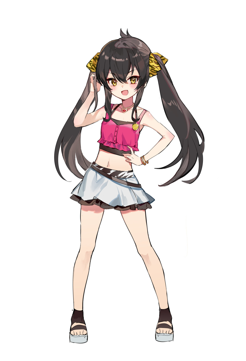 absurdres animal_print armpits badge bangle bare_legs bare_shoulders belt black_belt black_camisole black_footwear black_hair black_skirt blush bracelet buttons camisole collarbone female full_body hair_ribbon hand_in_own_hair hand_on_own_hip hand_up highres idolmaster idolmaster_cinderella_girls idolmaster_cinderella_girls_u149 jewelry karasu_btk long_hair looking_at_viewer matoba_risa midriff miniskirt navel open_mouth pendant pink_camisole pleated_skirt print_ribbon ribbon simple_background skirt smile solo tiger_print toes twintails v-shaped_eyebrows very_long_hair white_background white_skirt yellow_eyes yellow_ribbon