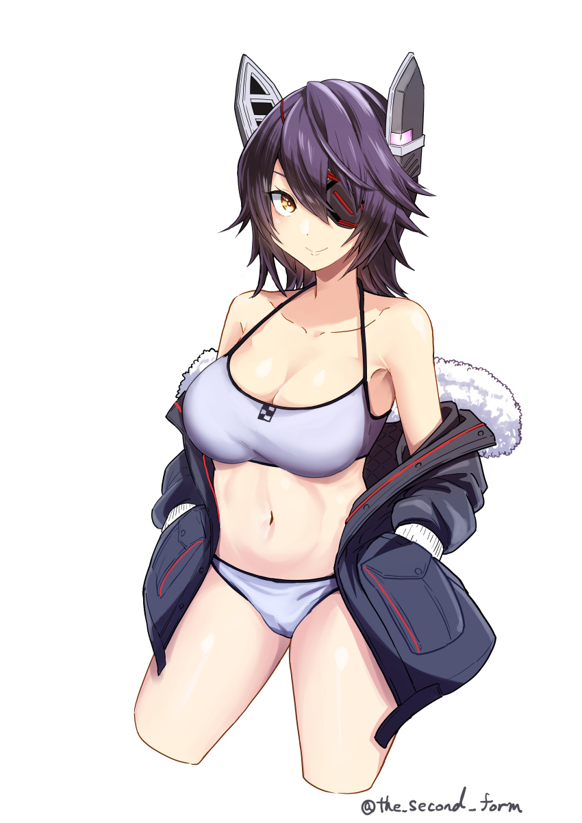 absurdres bikini breasts eyepatch female floating_headgear headgear highres jacket kantai_collection large_breasts looking_at_viewer medium_hair navel off_shoulder official_alternate_costume open_clothes open_jacket purple_hair simple_background smile solo swimsuit tenryuu_(kancolle) tenryuu_(swimsuit_mode)_(kancolle) tenryuu_kai_ni_(kancolle) the_second_form white_background white_bikini yellow_eyes