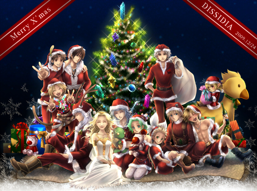 :3 antlers blonde_hair blue_eyes bottle brown_eyes brown_hair butz_klauser cecil_harvey character_request chocobo christmas christmas_tree closed_eyes cloud_strife cosmos_(dff) crystal dissidia_final_fantasy everyone feathers final_fantasy final_fantasy_5 final_fantasy_i final_fantasy_ii final_fantasy_iii final_fantasy_iv final_fantasy_ix final_fantasy_vi final_fantasy_vii final_fantasy_viii final_fantasy_x final_fantasy_xi flower frioniel gift green_eyes green_hair hat highres michihana moogle name_characters onion_knight open_mouth pantyhose photoshop reina_(artist) rose sack santa_costume santa_hat shantotto sitting smile squall_leonhart stuffed_animal stuffed_toy tarutaru tidus tina_branford tonberry v warrior_of_light white_hair zidane_tribal