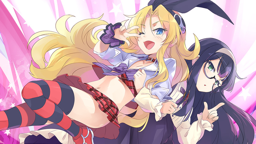 2girls ;d black_hair blonde_hair blue_eyes choker commentary_request glasses green_eyes hairband little_do_s_bitch long_hair looking_at_viewer multiple_girls navel one_eye_closed open_mouth photoshop_(medium) pleated_skirt rena_(little_do_s_bitch) rika_(little_do_s_bitch) rimless_eyewear skirt smile standing striped_clothes striped_thighhighs thighhighs usatsuka_eiji v