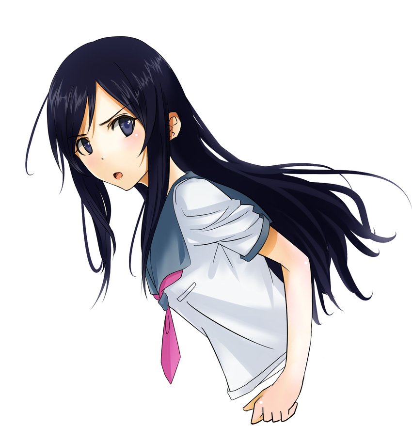 :o aragaki_ayase bad_id bad_pixiv_id billion_(billion0103) black_hair blue_eyes blush female highres kousaka_kirino's_school_uniform long_hair looking_at_viewer neckerchief open_mouth ore_no_imouto_ga_konna_ni_kawaii_wake_ga_nai school_uniform serafuku simple_background solo white_background