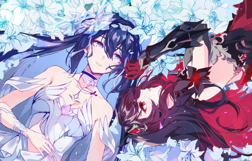 2girls aer007580 black_hair blue_eyes collarbone commentary dress english_commentary field flower flower_field gloves hair_between_eyes hand_on_own_stomach highres honkai_(series) honkai_impact_3rd long_hair looking_at_another looking_up lying multicolored_hair multiple_girls on_back on_side parted_lips purple_hair red_eyes red_gloves red_hair seele_(alter_ego) seele_vollerei seele_vollerei_(herrscher_of_rebirth) smile streaked_hair two-tone_hair white_dress white_flower