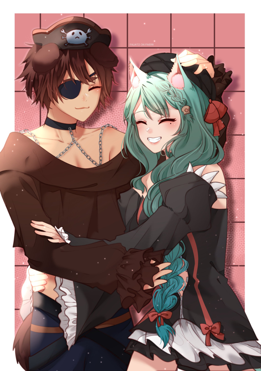 1boy absurdres animal_ears blush brown_hair cat_ears cat_girl cat_tail closed_eyes dog_boy dog_ears dog_tail eyepatch falia72 female green_hair hat highres hug indie_virtual_youtuber kaizoku_kaito mole mole_under_eye pale_skin pirate pirate_hat remi_chatte smile tail virtual_youtuber