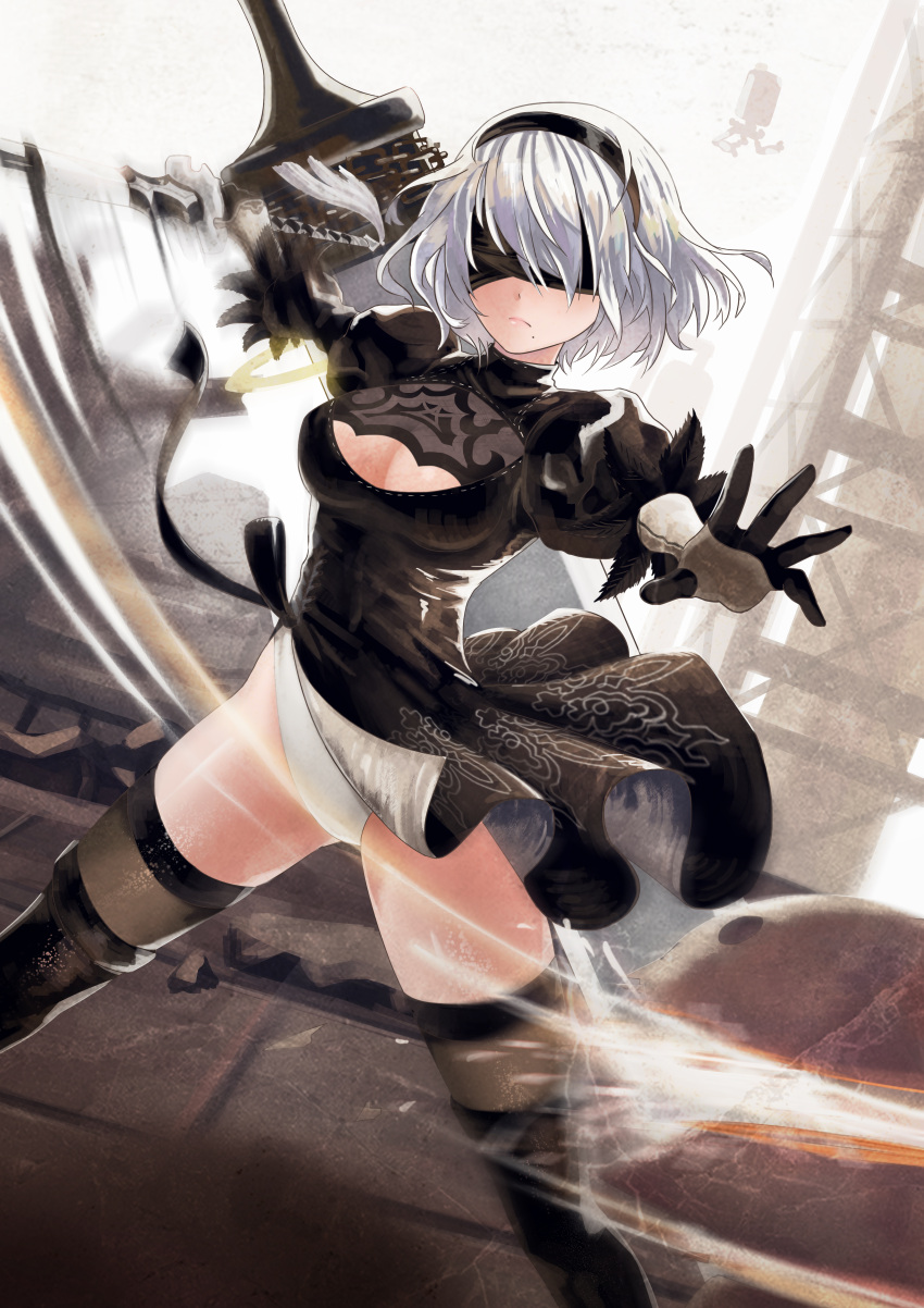 2b_(nier:automata) absurdres black_blindfold black_dress black_gloves black_hair black_thighhighs blindfold boots breasts cleavage cleavage_cutout clothes_lift clothing_cutout dress dress_lift facing_viewer feather-trimmed_sleeves female fighting floating floating_object floating_sword floating_weapon frown gloves highleg highleg_leotard highres holding holding_sword holding_weapon juliet_sleeves kai_ai katana large_breasts leotard long_bangs long_sleeves machine_(nier) mole mole_under_mouth nier:automata nier_(series) outstretched_arms pod_(nier:automata) puffy_sleeves ruins short_hair spread_legs swinging sword thigh_boots thighhighs thighhighs_under_boots thong_leotard weapon white_hair