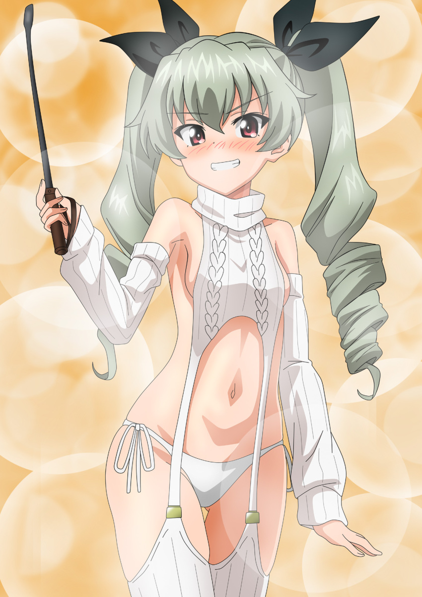 alternate_costume anchovy_(girls_und_panzer) black_hair black_ribbon bottomless breasts breastsr detached_sleeves drill_hair female girls_und_panzer green_hair hair_ribbon highres holding holding_whip long_hair long_sleeves looking_at_viewer meme_attire navel orange_background panties red_eyes ribbon riokasen sideboob smile sparkle_background stomach string_panties sweater turtleneck turtleneck_sweater twin_drills twintails underwear virgin_destroyer_sweater virgin_killer_outfit virgin_killer_sweater white_sweater