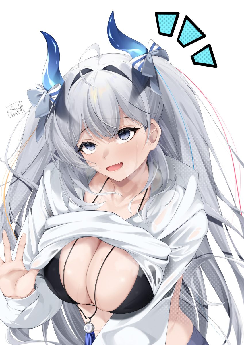 absurdres ahoge azur_lane blue_eyes blue_horns blue_skirt breasts cleavage clothes_lift female grey_hair hair_intakes hair_ribbon highres hood hoodie horns large_breasts light_blush long_hair long_sleeves looking_at_viewer oerba_yun_fang official_alternate_costume open_mouth ribbon signature sim_(sim_dr1) simple_background skirt solo suffren_(azur_lane) suffren_(impulsive_incident)_(azur_lane) two_side_up upper_body very_long_hair white_background white_hoodie white_ribbon