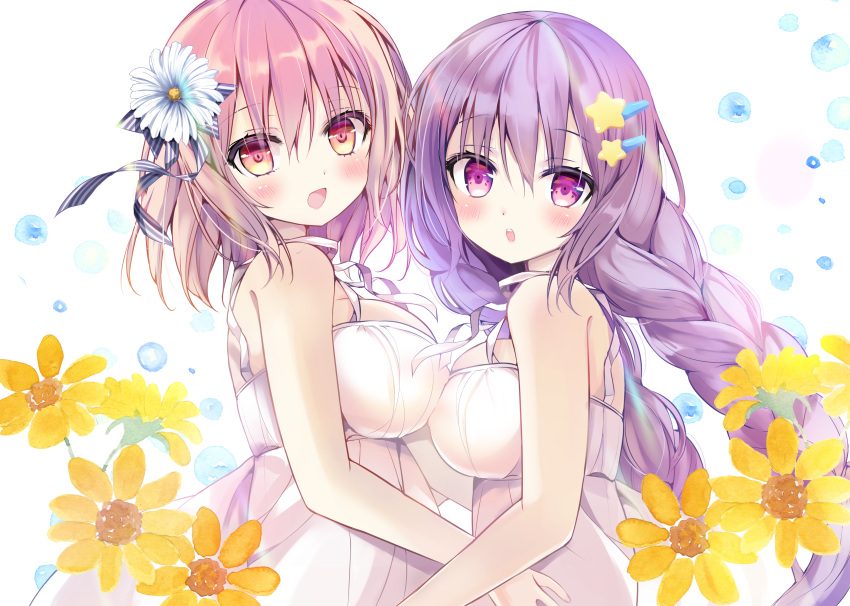 2girls :d absurdres bare_shoulders blush bow braid breasts commentary_request dress flower hair_between_eyes hair_flower hair_ornament hairbow hairclip highres large_breasts long_hair multiple_girls open_mouth original parted_lips pink_hair purple_eyes purple_hair red_eyes shiwasu_horio sleeveless sleeveless_dress smile star_(symbol) star_hair_ornament striped_bow twin_braids twintails upper_body water_drop white_dress white_flower yellow_flower