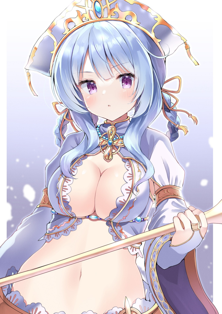 blue_background blue_hair blunt_bangs blush border braid breasts bridal_gauntlets cleavage commentary_request female frown hair_ornament hand_up hat highres holding holding_staff iris_mysteria! large_breasts long_hair long_sleeves looking_at_viewer mage_staff navel olivie_(iris_mysteria!) open_mouth outside_border purple_eyes sidelocks simple_background solo staff stomach takepoison tassel tassel_hair_ornament twin_braids upper_body white_border white_hat wide_sleeves