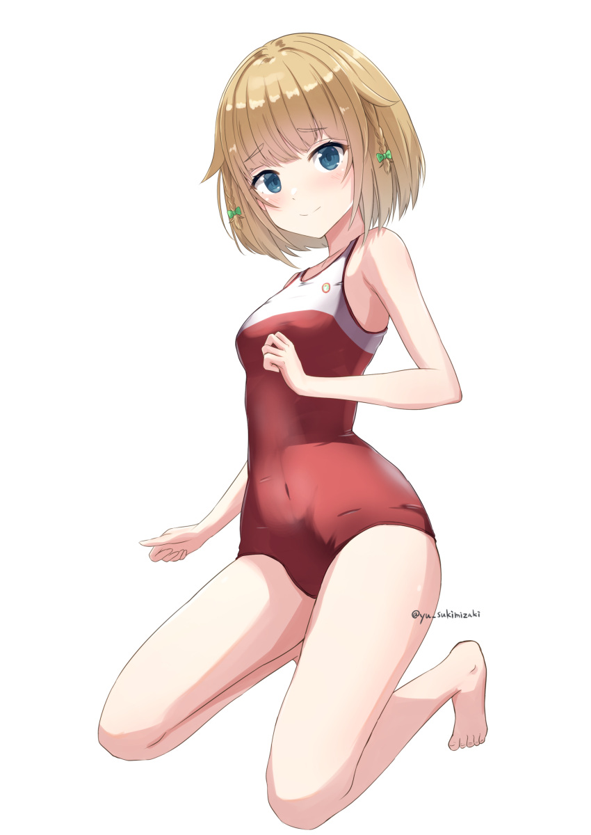 abe_azumi absurdres bare_shoulders barefoot blonde_hair blue_eyes blush bow braid commission competition_swimsuit green_bow hairbow high_school_fleet highres looking_at_viewer one-piece_swimsuit red_one-piece_swimsuit short_hair side_braids simple_background skeb_commission smile sukimizaki swimsuit twitter_username white_background