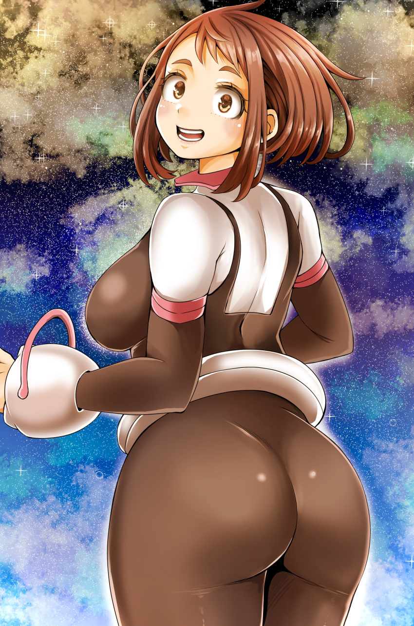 absurdres adahcm ass ass_focus black_bodysuit bodysuit boku_no_hero_academia breasts brown_eyes brown_hair female from_behind highres large_breasts looking_at_viewer looking_back multicolored_bodysuit multicolored_clothes open_mouth solo teeth uraraka_ochako white_bodysuit