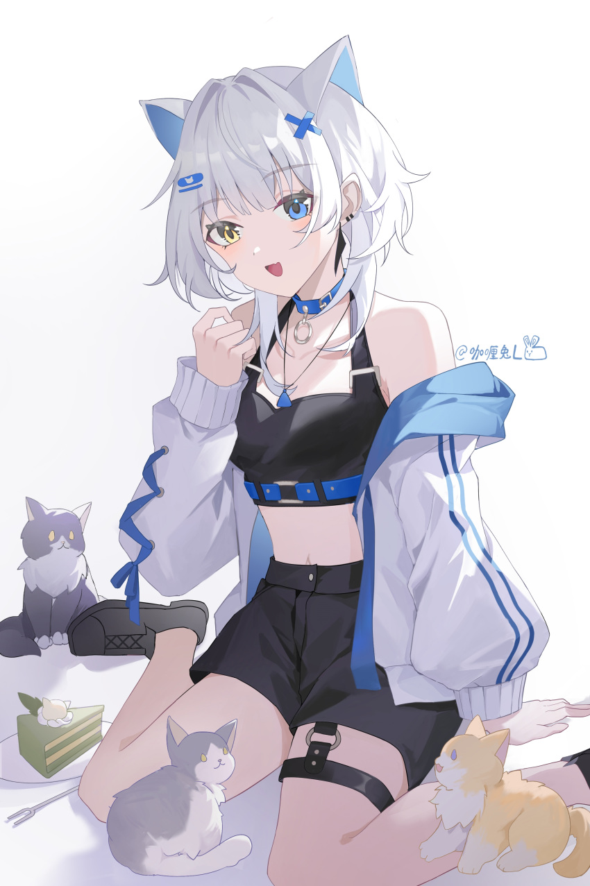 absurdres animal_ears arm_support artist_name bang_dream! bang_dream!_it's_mygo!!!!! black_footwear black_shorts black_tank_top blue_choker blue_eyes cake cat_ears cat_girl chinese_commentary choker commentary_request crop_top earclip feline female food hair_ornament hairclip hand_up heterochromia highres jacket kaname_raana kemonomimi_mode looking_at_viewer matcha_(food) medium_hair midriff navel oerba_yun_fang open_clothes open_jacket open_mouth plectrum shorts simple_background sitting skin_fang solo tank_top thigh_strap wariza white_background white_hair white_jacket x_hair_ornament yellow_eyes yinranluo