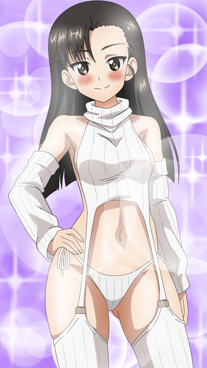 alternate_costume black_hair bottomless breasts brown_eyes brown_hair female girls_und_panzer hand_on_own_hip highres long_hair looking_at_viewer meme_attire navel nishi_kinuyo purple_background riokasen smile sparkle_background sweater turtleneck turtleneck_sweater virgin_destroyer_sweater virgin_killer_outfit white_sweater