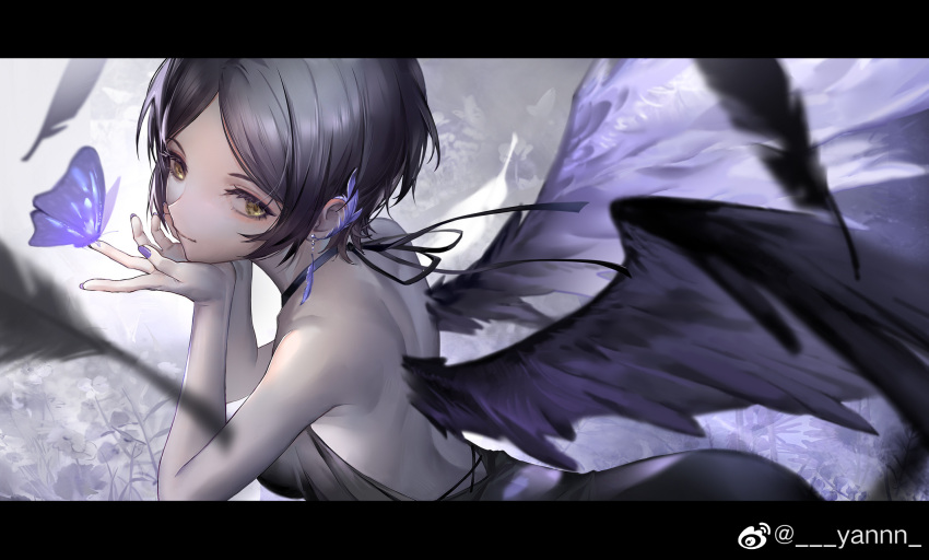 backless_dress backless_outfit black_dress black_hair bug butterfly commentary dress earrings female hayami_kanade highres idolmaster idolmaster_cinderella_girls jewelry letterboxed looking_at_viewer nail_polish purple_butterfly purple_nails short_hair sidelocks solo weibo_watermark wings yannn yellow_eyes