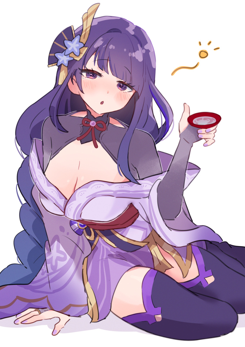 :o arm_support braid braided_ponytail breasts bridal_gauntlets cleavage commentary_request cup drunk enipa_28 female gem genshin_impact gold_trim hair_intakes hair_ornament half-closed_eyes head_tilt highres holding holding_cup japanese_clothes kimono large_breasts light_blush long_hair looking_at_viewer low_ponytail mole mole_under_eye neck_ribbon obi off_shoulder open_mouth pearl_(gemstone) purple_eyes purple_hair purple_kimono purple_nails purple_thighhighs raiden_shogun raised_eyebrows red_ribbon red_sash ribbon sakazuki sash shrug_(clothing) sidelocks simple_background sitting solo squeans thighhighs very_long_hair white_background yokozuwari