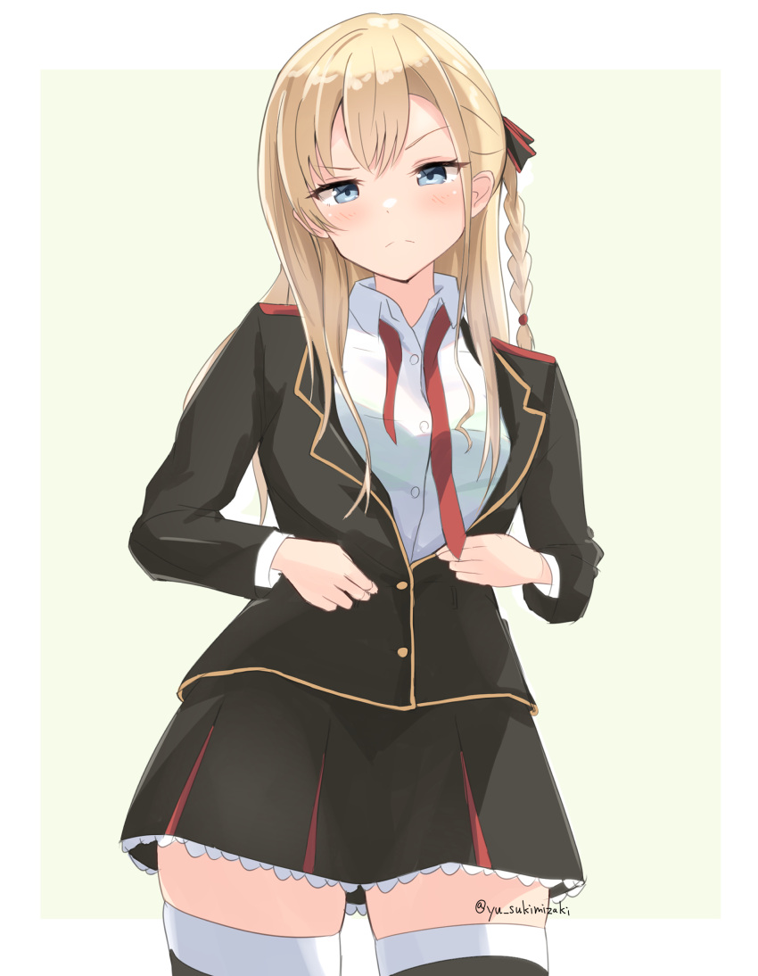 absurdres black_jacket black_skirt blonde_hair blue_eyes border braid collared_shirt female green_background hair_ribbon high_school_fleet highres jacket jitome long_hair looking_at_viewer military_uniform necktie red_necktie ribbon shirt side_braid simple_background single_braid skirt solo sukimizaki uniform white_border white_shirt wilhelmina_braunschweig_ingenohl_friedeburg