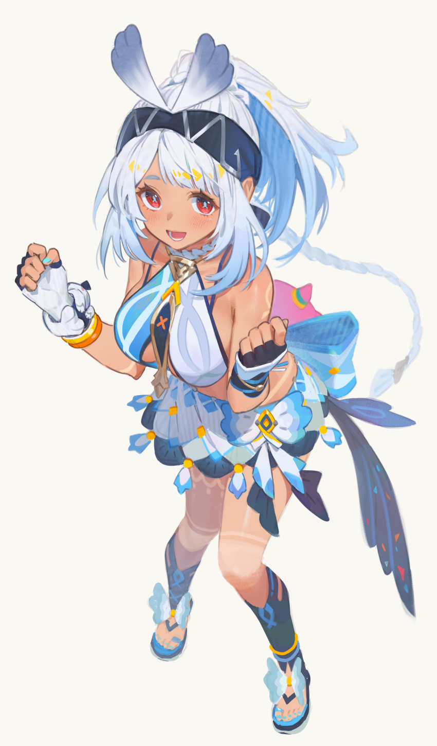 absurdres bare_shoulders blue_hairband braid breasts dark_skin ddal female fingerless_gloves genshin_impact gloves hairband highres long_hair mualani_(genshin_impact) open_mouth red_eyes smile symbol-shaped_pupils tan tanlines