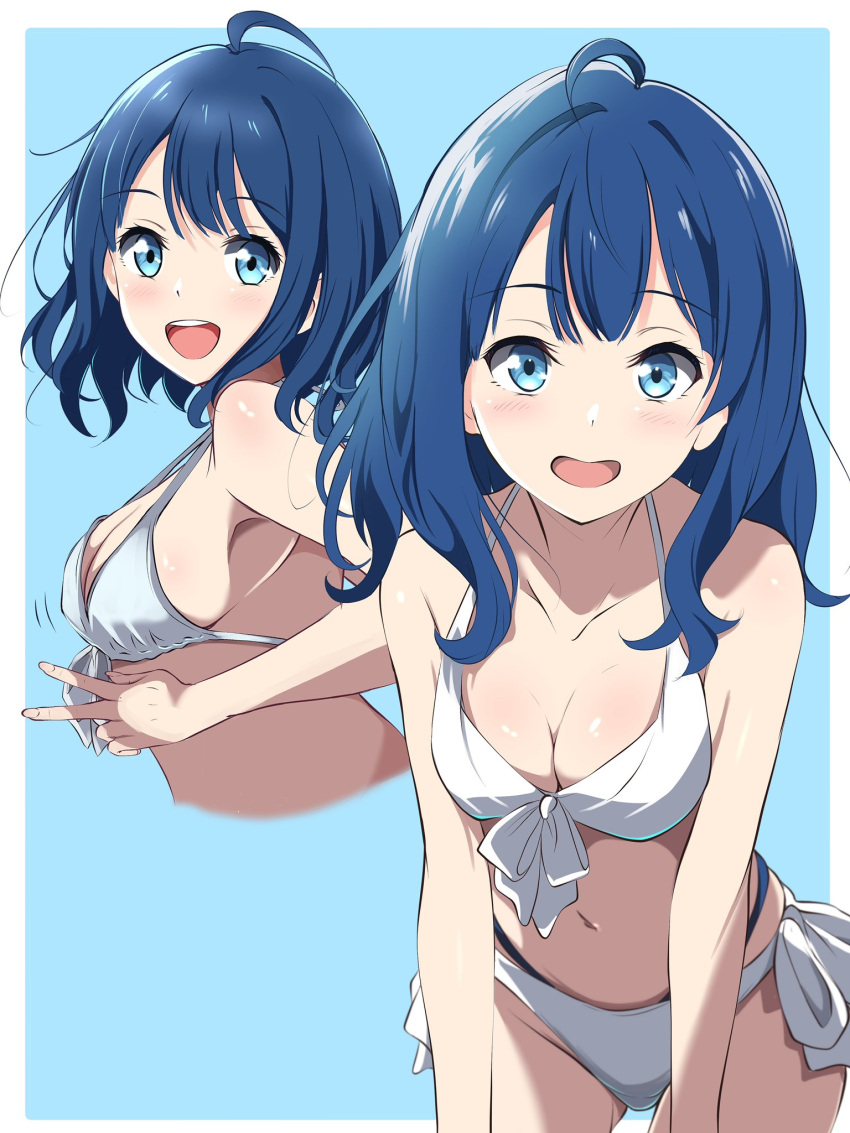 bikini blue_eyes blue_hair blush borgbutler breasts female highres long_hair make_heroine_ga_oo_sugiru! medium_breasts navel open_mouth simple_background smile solo stomach swimsuit v white_bikini yanami_anna