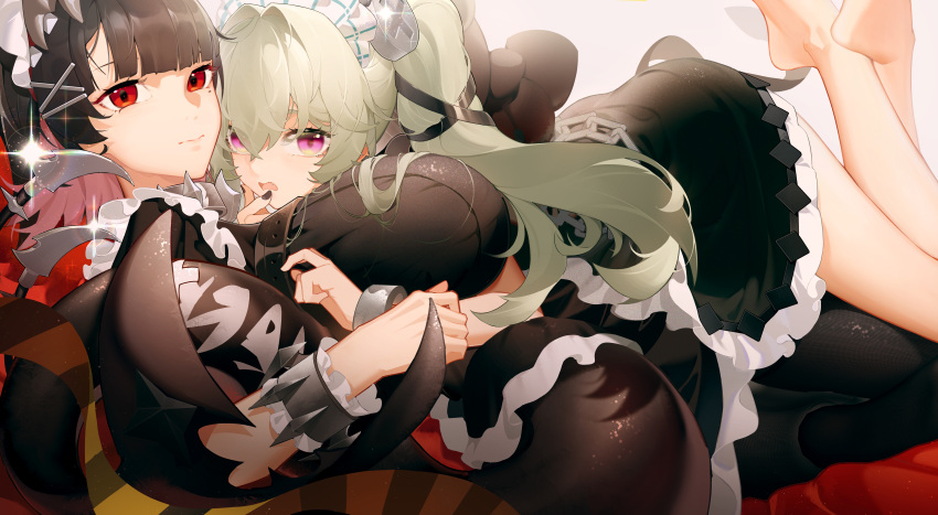 2girls absurdres barefoot black_dress black_hair breasts corin_wickes dress ellen_joe grey_eyes highres jinjide_shaonian large_breasts long_hair lying multiple_girls on_stomach petticoat red_eyes short_hair thighs zenless_zone_zero