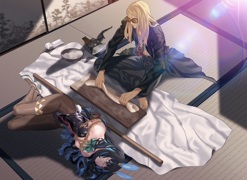 1boy animal_ears aora black_hair black_jacket black_leotard blonde_hair blue_hair bound breasts brown_pantyhose crossed_legs fake_animal_ears fate/grand_order fate_(series) female full_body grey_eyes gun handgun high_heels jacket leotard long_hair lying multicolored_hair on_floor on_side pantyhose parody playboy_bunny rabbit_ears shirt shokunin_to_hitozuma sidelocks sitting sunglasses sweat tenochtitlan_(fate) tenochtitlan_(swimsuit_mooncancer)_(fate) tenochtitlan_(swimsuit_mooncancer)_(third_ascension)_(fate) tezcatlipoca_(fate) tied_up_(nonsexual) towel two-tone_hair walther walther_p38 weapon white_footwear white_shirt