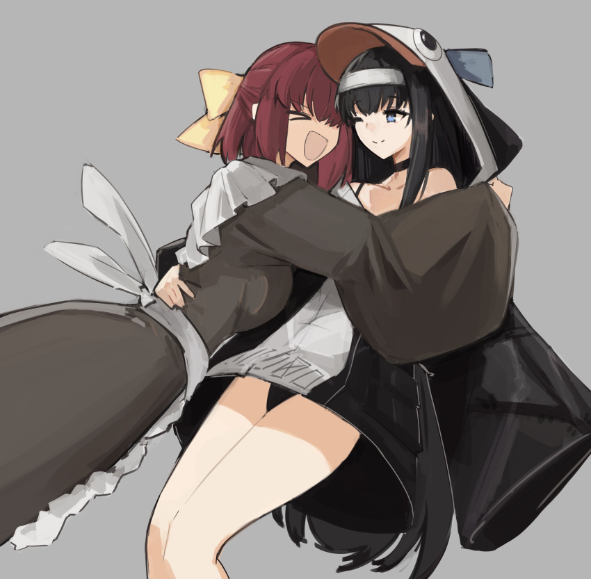 >_< 2girls :d absurdres black_dress black_hair blue_eyes bow commentary commission dress english_commentary grey_background hairband hairbow highres hug jonyeld kohaku_(tsukihime) long_dress long_hair maid medium_hair multiple_girls one_eye_closed red_hair simple_background smile thighs tohno_akiha tsukihime white_hairband wide_sleeves xd yellow_bow