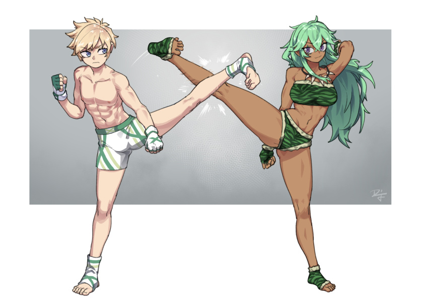 blonde_hair dark-skinned_female dark_skin difman green_hair highres kicking max_(lionfranky) mixed_martial_arts original siri_(lionfranky)