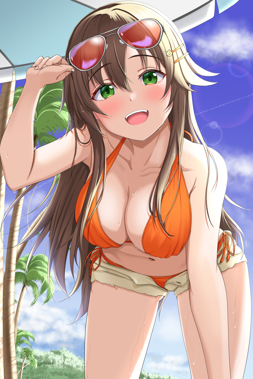 absurdres beach_umbrella bikini blue_sky breasts brown_hair cleavage cloud commentary_request day eyewear_on_head feet_out_of_frame female green_eyes hachi7515 hand_on_own_thigh highres himekawa_yuki idolmaster idolmaster_cinderella_girls large_breasts long_hair open_mouth orange-tinted_eyewear orange_bikini outdoors palm_tree short_shorts shorts sky solo sunglasses swimsuit teeth tinted_eyewear tree umbrella upper_teeth_only white_shorts