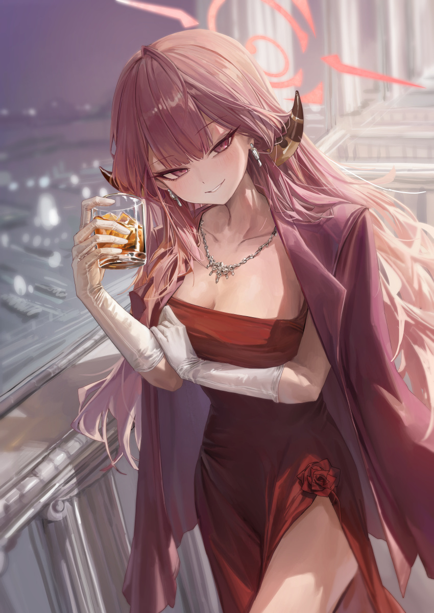 absurdres aru_(blue_archive) aru_(dress)_(blue_archive) blue_archive breasts cleavage coat coat_on_shoulders commentary_request cup dainillust dress drinking_glass elbow_gloves female gloves halo hand_on_own_arm highres holding holding_cup jewelry large_breasts long_hair looking_at_viewer necklace official_alternate_costume red_coat red_dress red_eyes red_hair red_halo side_slit smile solo strapless strapless_dress white_gloves