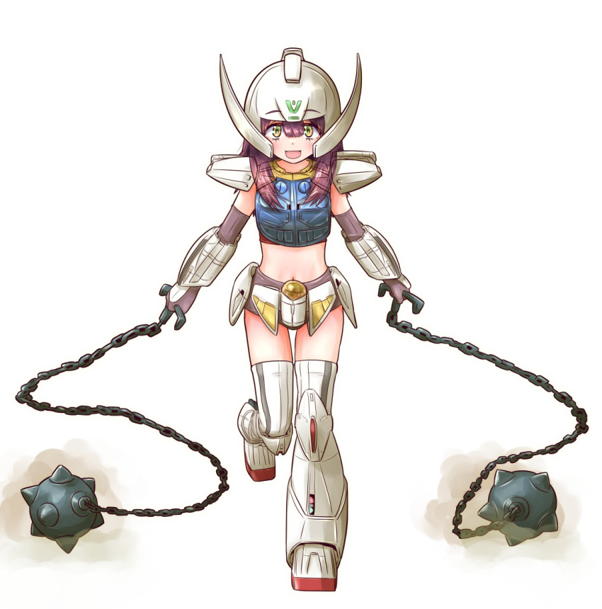 :d ball_and_chain_(weapon) chains commentary_request cosplay dot_nose female gundam helmet holding holding_chain jagi_(jagi_souken) long_hair looking_at_viewer midriff navel open_mouth purple_hair simple_background smile solo toki_ayano turn_a_gundam turn_a_gundam_(mobile_suit) turn_a_gundam_(mobile_suit)_(cosplay) walking white_background yellow_eyes yurucamp