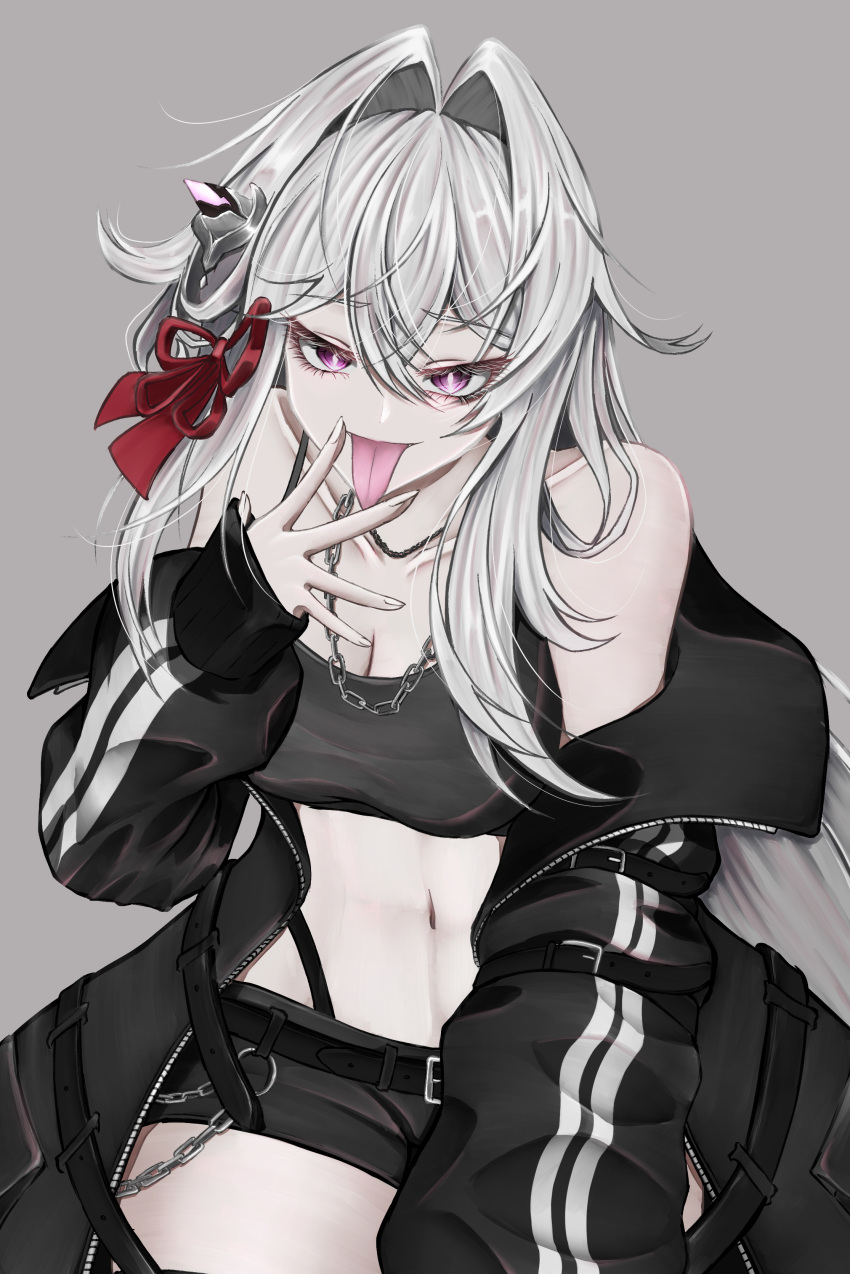 absurdres alternate_costume bare_shoulders belt black_belt black_jacket black_shirt black_shorts breasts bright_pupils chain_necklace chains cleavage collarbone commentary_request cowboy_shot crop_top female fuji4o goth_fashion hair_between_eyes hair_intakes hair_ribbon hand_up highres honkai_(series) honkai_impact_3rd jacket jewelry large_breasts long_hair looking_at_viewer navel necklace off_shoulder purple_eyes red_ribbon ribbon shirt shorts sidelocks solo stomach thelema_nutriscu tongue tongue_out very_long_hair white_hair white_pupils