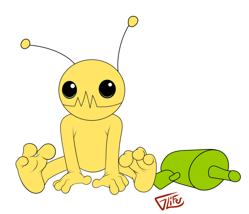 3_toes 4_fingers alien alien_hominid alien_hominid_(character) ambiguous_gender antennae_(anatomy) anthro curling_toes digital_media_(artwork) feet fingers glifer laser_gun looking_at_viewer newgrounds nude plantigrade ranged_weapon sitting soles solo the_behemoth_(company) toes weapon yellow_body