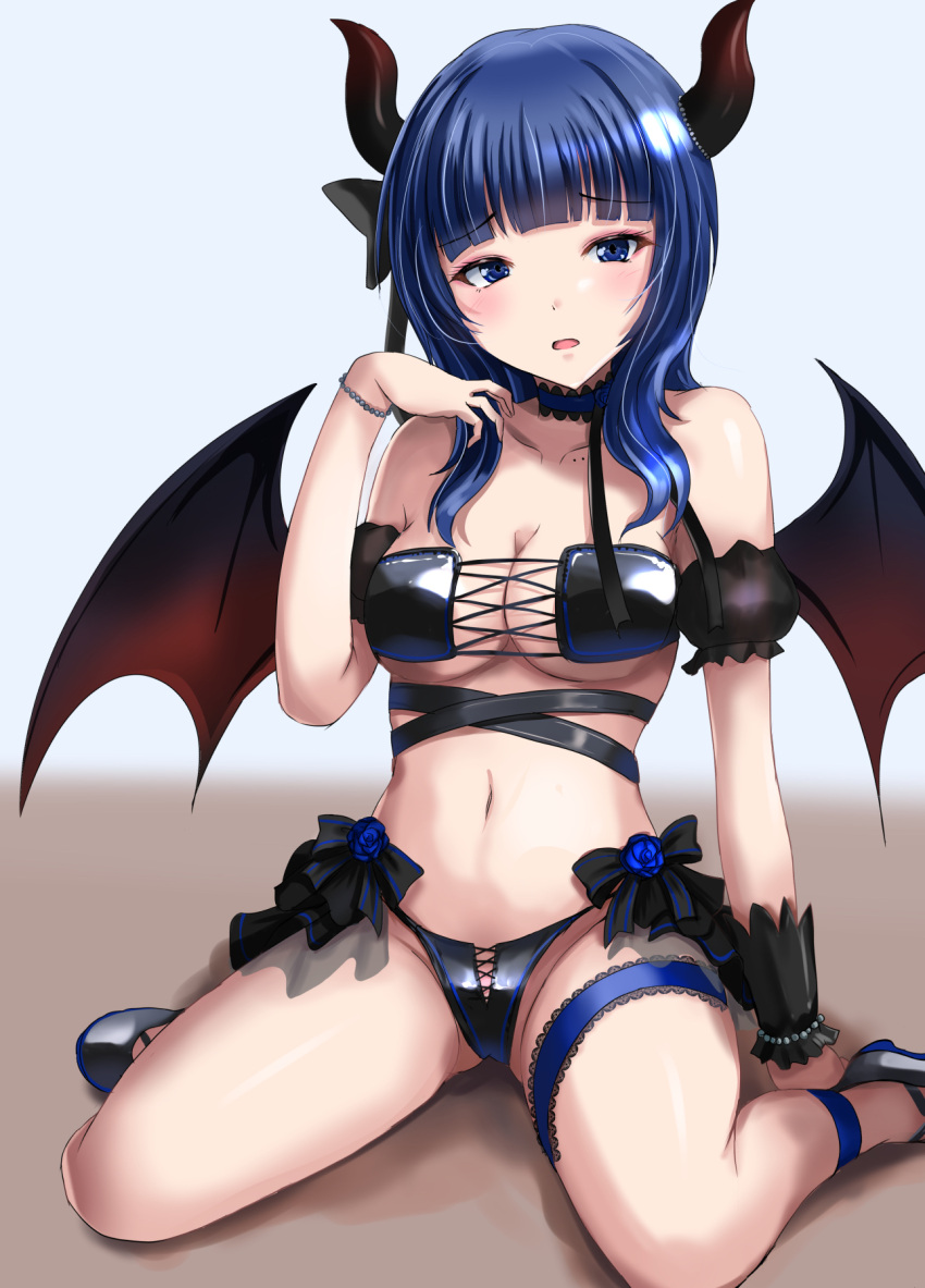 asaka_karin bare_shoulders black_bra black_footwear black_panties blue_eyes blue_hair blush bra breasts c-wing demon_girl demon_horns demon_tail demon_wings detached_collar female grey_background highres horns large_breasts looking_at_viewer love_live! love_live!_nijigasaki_high_school_idol_club medium_hair navel open_mouth panties puffy_short_sleeves puffy_sleeves revealing_clothes short_sleeves simple_background sitting solo tail thigh_strap two-tone_background underwear wariza white_background wings