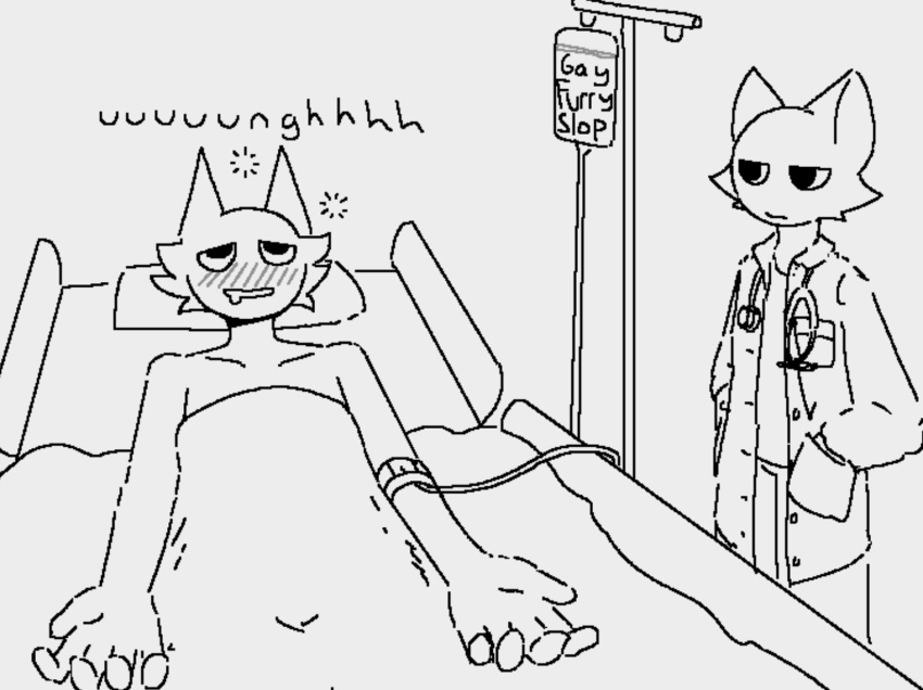 2024 anthro bed biped blush blush_lines bodily_fluids crunchies doctor domestic_cat drooling duo felid feline felis fur furniture homophobic_slur hospital_bed iv_bag lying male mammal medical monochrome on_back on_bed saliva slim_anthro slim_male white_body white_fur